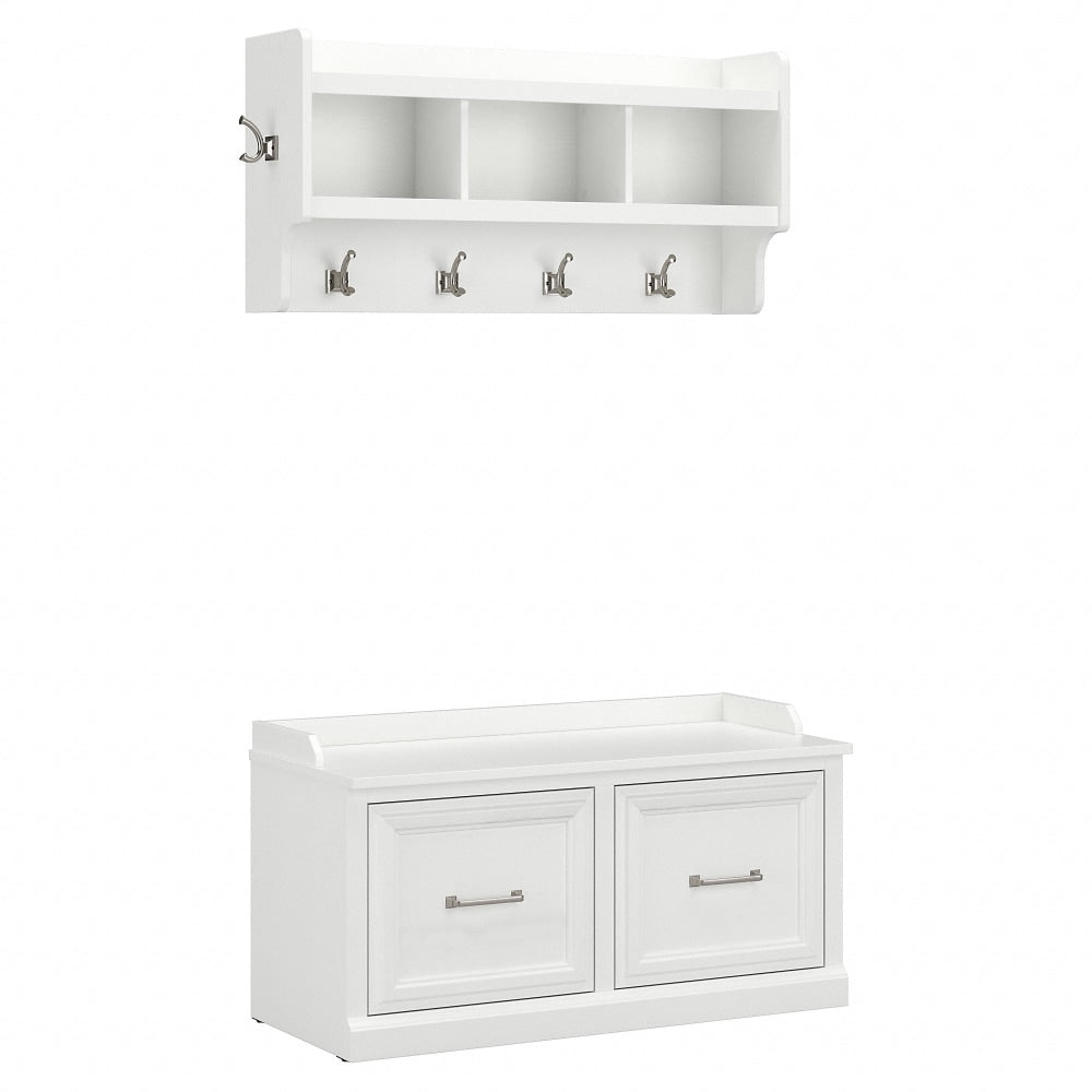 kathy ireland Home by Bush Furniture Woodland 40inW Shoe Storage Bench With Doors And Wall-Mounted Coat Rack, White Ash, Standard Delivery