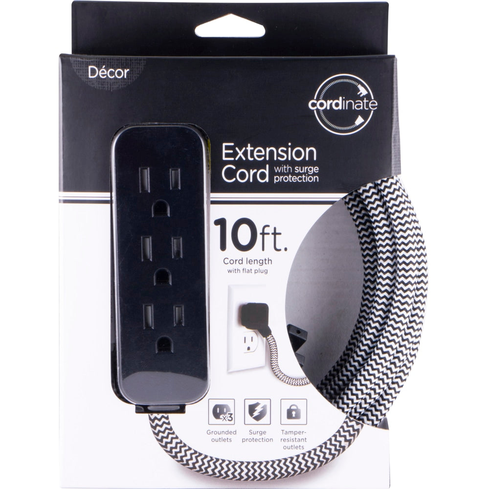Cordinate 3-Outlet 16-Gauge Extension Cord With Surge Protection, 10ft, Black/White