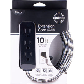 Cordinate 3-Outlet 16-Gauge Extension Cord With Surge Protection, 10ft, Black/White