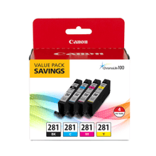Load image into Gallery viewer, Canon CLI-281 ChromaLife 100+ Black And Cyan, Magenta, Yellow Ink Tanks, Pack Of 4, 2091C005