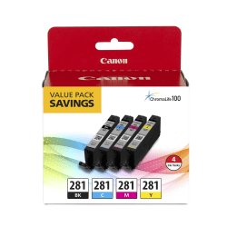 Canon CLI-281 ChromaLife 100+ Black And Cyan, Magenta, Yellow Ink Tanks, Pack Of 4, 2091C005