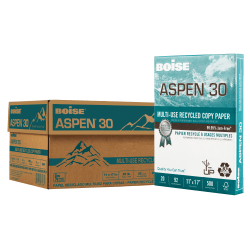 Boise ASPEN 30 Multi-Use Printer & Copy Paper, 5 Reams, White, Ledger (11in x 17in), 2500 Sheets Per Case, 20 Lb, 92 Brightness, 30% Recycled, FSC Certified