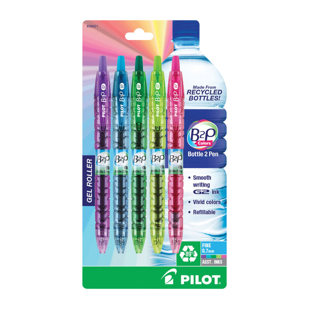 Pilot B2P Retractable Gel Pens, Fine Point, 0.7 mm, Assorted Barrels, Assorted Ink Colors, Pack Of 5