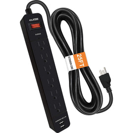 Digital Energy World 6-Outlet Surge Protector Power Strip with 2 USB Ports and 25-Foot Cord (Black) - 6 x AC Power, 2 x USB - 1875 VA - 1050 J - 120 V AC Input