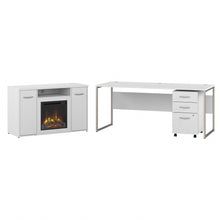 Load image into Gallery viewer, Bush Business Furniture Hybrid 72inW x 30inD Desk With 3-Drawer Mobile File Cabinet And 48inW Electric Fireplace TV Stand, White, Standard Delivery