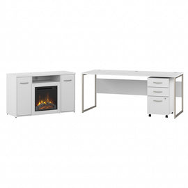 Bush Business Furniture Hybrid 72inW x 30inD Desk With 3-Drawer Mobile File Cabinet And 48inW Electric Fireplace TV Stand, White, Standard Delivery