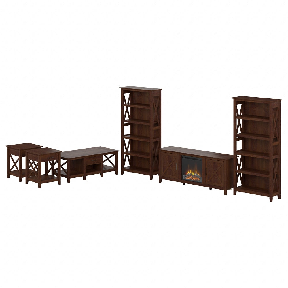 Bush Furniture Key West Electric Fireplace TV Stand With Bookcases And Living Room Table Set, Bing Cherry, Standard Delivery