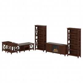 Bush Furniture Key West Electric Fireplace TV Stand With Bookcases And Living Room Table Set, Bing Cherry, Standard Delivery