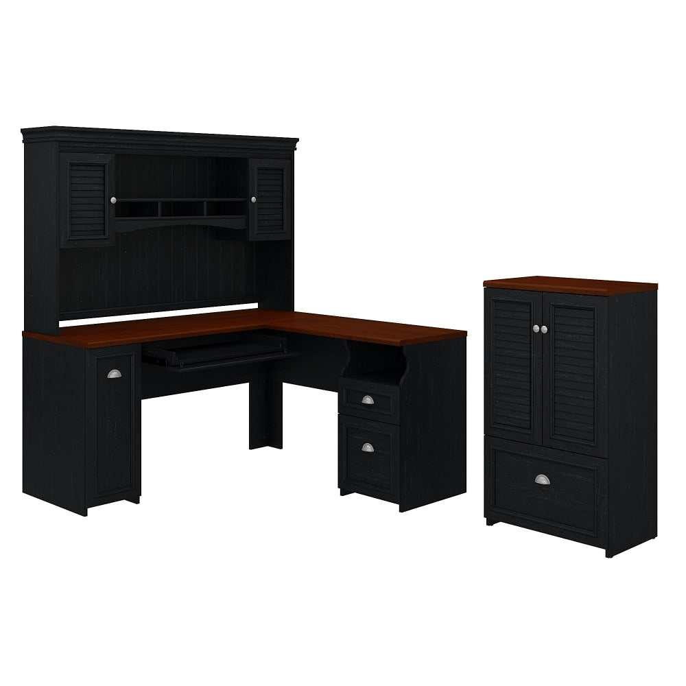 Bush Furniture Fairview 60inW L-Shaped Desk With Hutch And Storage Cabinet With Drawer, Antique Black, Standard Delivery