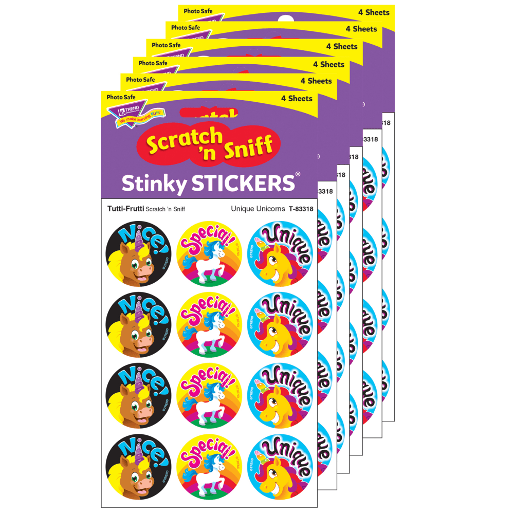 Trend Stinky Stickers, Unique Unicorns/Tutti Frutti, 48 Per Pack, Set Of 6 Packs