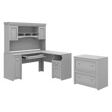 Load image into Gallery viewer, Bush Business Furniture Fairview 60inW L-Shaped Corner Desk With Hutch And Lateral File Cabinet, Cape Cod Gray, Standard Delivery