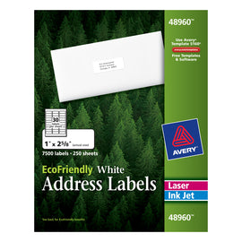 Avery Easy Peel EcoFriendly Permanent Inkjet/Laser Address Labels, 48960, 1in x 2 5/8in, 100% Recycled, White, Pack Of 7,500