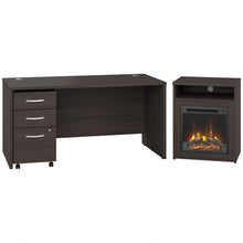 Load image into Gallery viewer, Bush Business Furniture Studio C 60inW x 30inD Desk With 3-Drawer Mobile File Cabinet And 24inW Electric Fireplace With Shelf, Storm Gray, Standard Delivery