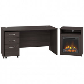 Bush Business Furniture Studio C 60inW x 30inD Desk With 3-Drawer Mobile File Cabinet And 24inW Electric Fireplace With Shelf, Storm Gray, Standard Delivery