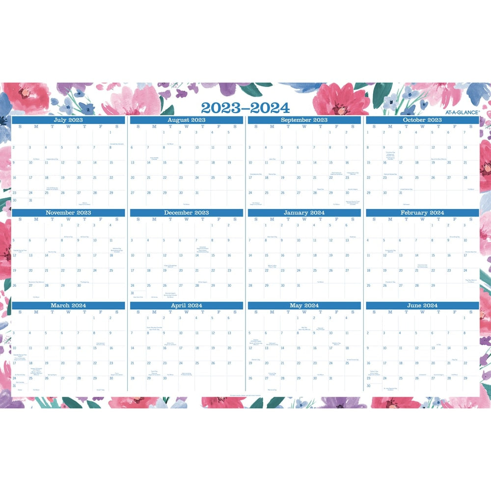 2023-2024 AT-A-GLANCE BADGE Erasable Reversible Academic/Regular Year Wall Calendar, 24in x 36in, Floral, January to December 2024/July 2023 to June 2024, 1664F-550SB