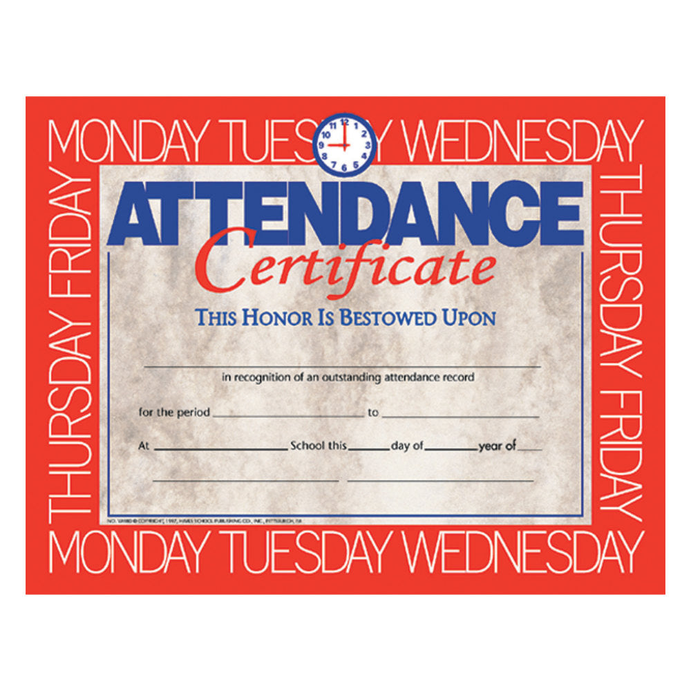 Hayes Attendance Certificates, 8 1/2in x 11in, Beige/Red, 30 Certificates Per Pack, Bundle Of 6 Packs
