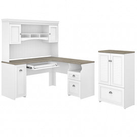 Bush Furniture Fairview 60inW L-Shaped Desk With Hutch And Storage Cabinet With File Drawer, Shiplap Gray/Pure White, Standard Delivery
