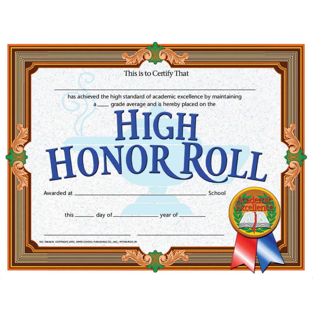 Hayes High Honor Roll Certificates, 8 1/2in x 11in, Blue/Brown, 30 Certificates Per Pack, Bundle Of 6 Packs