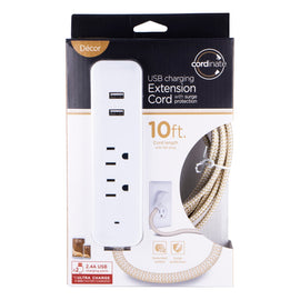 Cordinate 2 Outlet 2 USB Extension Cord with Surge Protection, 10ft Braided Cord, Tan/White, 41883