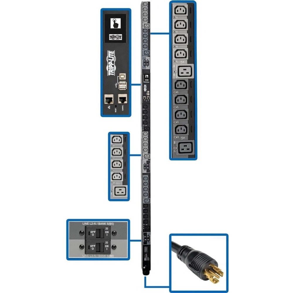Tripp Lite 17.3kW 3-Phase Switched PDU, LX Platform Interface, 240V Outlets (24 C13/6 C19), Touchscreen LCD, NEMA L22-30P 415V, 0U, TAA - Power distribution unit (rack-mountable) - 24 A - AC 415 V - 17.3 kW - 3-phase