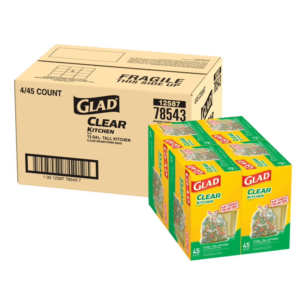 Glad Tall Kitchen Recycling Drawstring Trash Bags, 13 Gallons, Carton Of 180 Bags