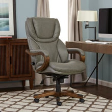 Load image into Gallery viewer, Serta Big &amp; Tall Bonded Leather High-Back Office Chair With Wood Accents, Mindset Gray/Espresso