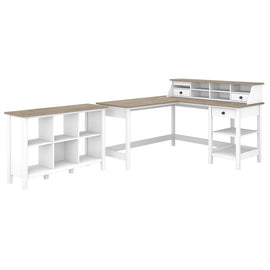 Bush Business Furniture Mayfield 60inW L-Shaped Corner Desk With Desktop Organizer And 6-Cube Bookcase, Pure White/Shiplap Gray, Standard Delivery
